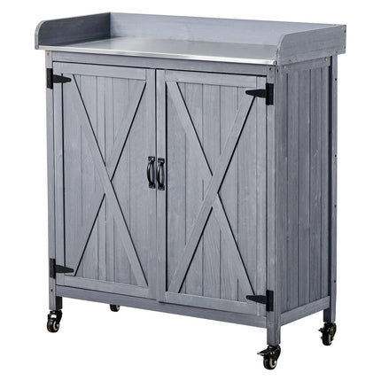 Potting Bench with Wood Cabinet, Galvanized Top, Casters