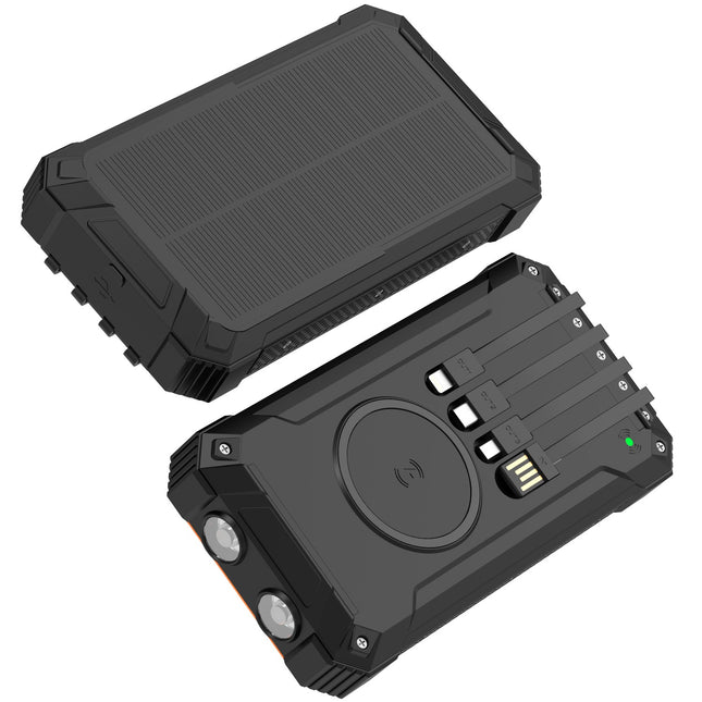 Powerbank 20.000 mAh Solarzelle 4 Kabel + kabelloses Laden Schwarz