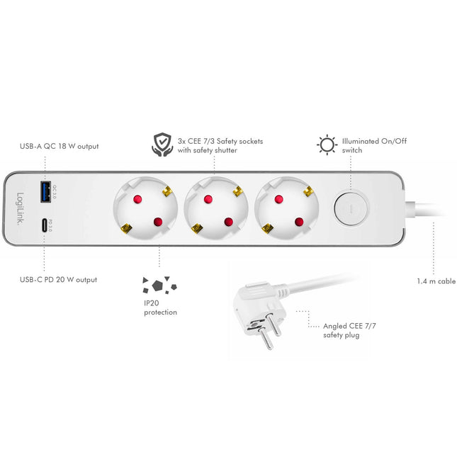 Steckdosenleiste 3-fach + USB-A/USB-C PD 20W, 1,4m, Weiß