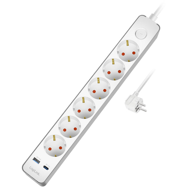 Power Strip 6-Way + USB-A/USB-C PD 20W, Switch, 1.4m, White
