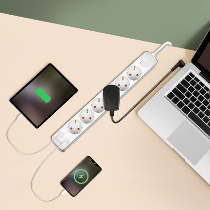 Steckdosenleiste 6-fach + USB-A/USB-C PD 20W, Schalter, 1,4m, Weiß