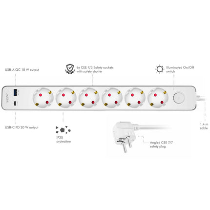 Steckdosenleiste 6-fach + USB-A/USB-C PD 20W, Schalter, 1,4m, Weiß