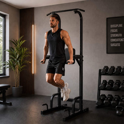 Power Tower for Home Gym, Adjustable Height, Black Steel