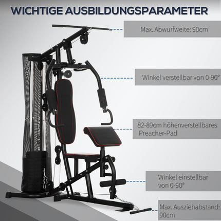 Station de musculation, station de fitness multifonctionnelle avec barre de traction et barre papillon, banc de musculation, presse pectorale, curleur, appareil de fitness avec blocs de poids de 45 kg pour la maison, noir