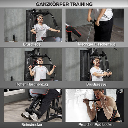 Station de musculation, station de fitness multifonctionnelle avec barre de traction et barre papillon, banc de musculation, presse pectorale, curleur, appareil de fitness avec blocs de poids de 45 kg pour la maison, noir