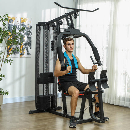 Multifunctional fitness station with leg press and 45 kg weights