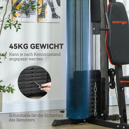 Multifunctional fitness station with leg press and 45 kg weights