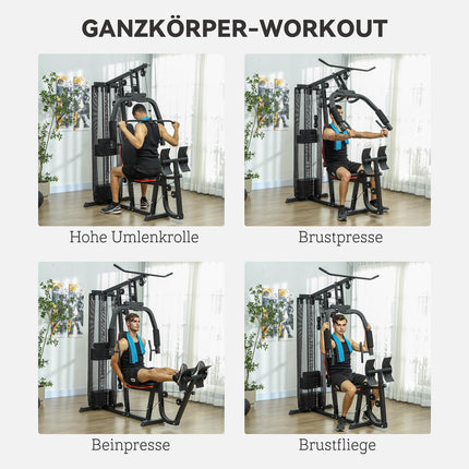 Multifunctional fitness station with leg press and 45 kg weights