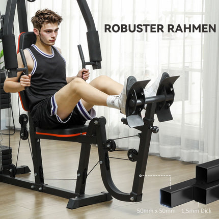 Multifunctional fitness station with leg press and 45 kg weights