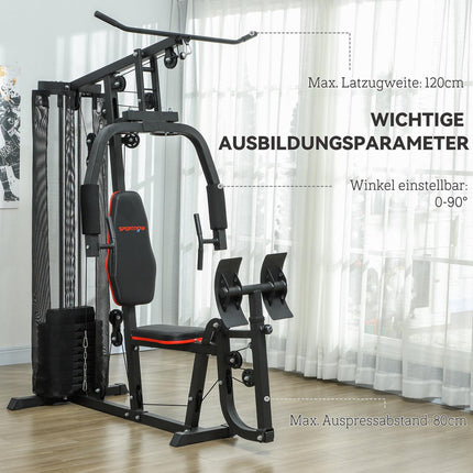 Multifunctional fitness station with leg press and 45 kg weights