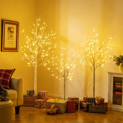 Vorbeleuchtetes Birkenbaum-Set, 3 Stück 120–180 cm, warme LEDs