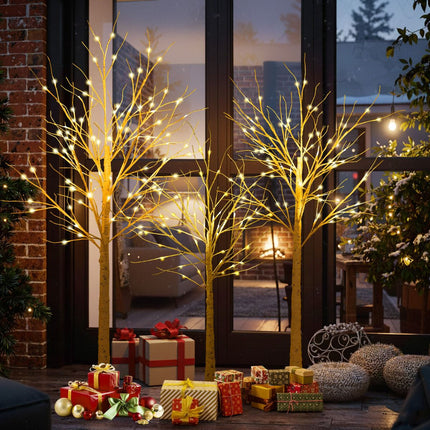 Vorbeleuchtetes Birkenbaum-Set, 3 Stück 120–180 cm, warme LEDs