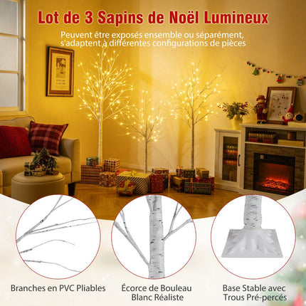 Vorbeleuchtetes Birkenbaum-Set, 3 Stück 120–180 cm, warme LEDs