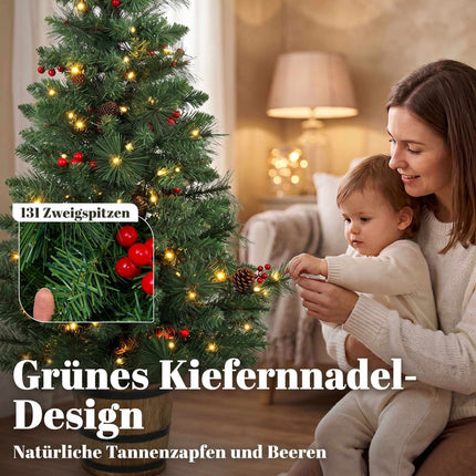 Pre-Lit Christmas Tree 120 cm with Pine Cones and Berries, 100 LEDs, Barrel Pot