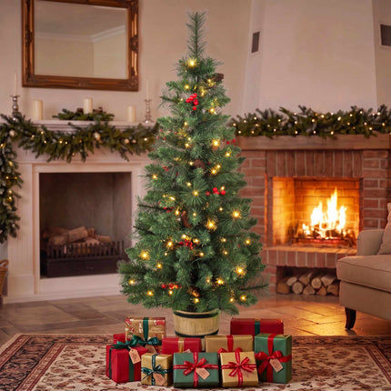 Pre-Lit Christmas Tree 120 cm with Pine Cones and Berries, 100 LEDs, Barrel Pot