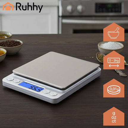 Präzisions-LCD-Küchenwaage 2 kg mit 2 Schüsseln