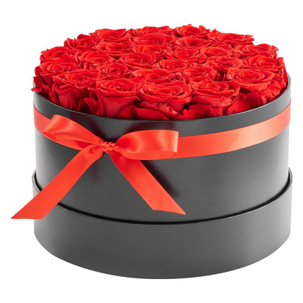 Preserved Roses, 27 in Round Box, Bright Red