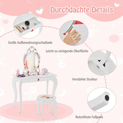 Princess Dressing Table Set 2-in-1 Children's Dressing Table with Removable Mirror White