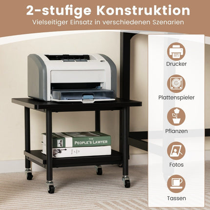 Druckertisch mit 2 Ebenen und feststellbaren Rollen, Druckerständer, Druckerwagen, schwarz