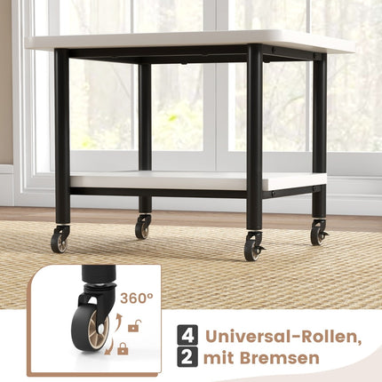 Druckertisch mit 2 Ebenen und feststellbaren Rollen, Druckerständer, Druckerwagen, weiß