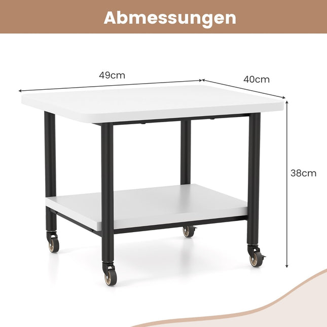 Druckertisch mit 2 Ebenen und feststellbaren Rollen, Druckerständer, Druckerwagen, weiß