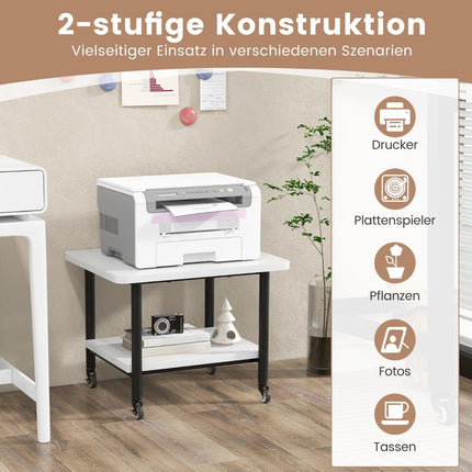 Druckertisch mit 2 Ebenen und feststellbaren Rollen, Druckerständer, Druckerwagen, weiß