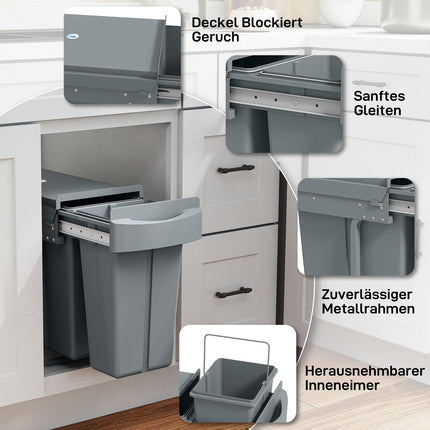 Ausziehbare Küchenabfalleimer, 2 herausnehmbare Eimer, 30L, Metall
