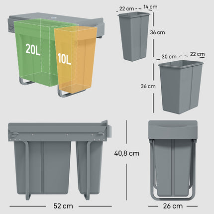 Ausziehbare Küchenabfalleimer, 2 herausnehmbare Eimer, 30L, Metall