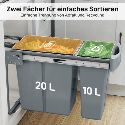 Ausziehbare Küchenabfalleimer, 2 herausnehmbare Eimer, 30L, Metall
