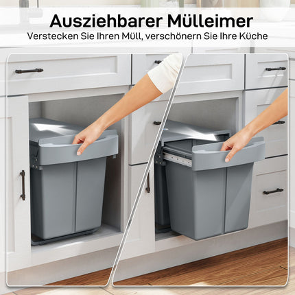 Ausziehbarer Mülleimer, 2x20L, herausnehmbare Behälter, Grau