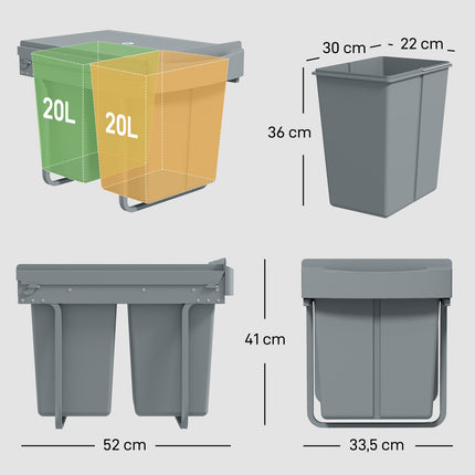 Ausziehbarer Mülleimer, 2x20L, herausnehmbare Behälter, Grau