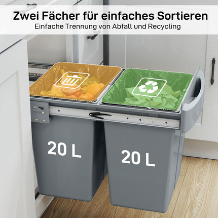 Ausziehbarer Mülleimer, 2x20L, herausnehmbare Behälter, Grau