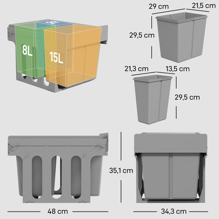 Pull-Out Trash Bin, 3 Compartments, 15L + 8L x 2, Soft-Close