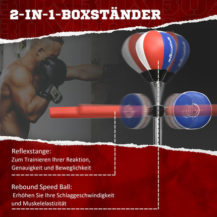 Verstellbares Boxregal mit Reflexstange und Boxsack, 1,63-2,05 M