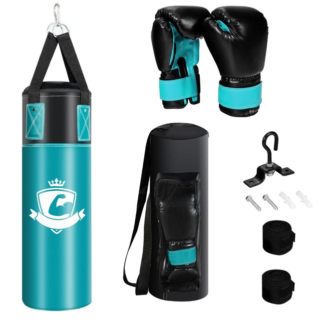 Boxsack-Set mit 8oz Boxhandschuhen Handschlaufen Tasche Punching Bag für Kinder und Erwachsene Schwarz + Grün