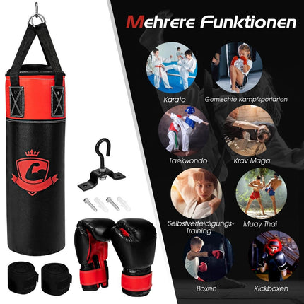 Boxsack-Set mit 8oz Boxhandschuhen Handschlaufen Tasche Punching Bag für Kinder und Erwachsene Schwarz + Rot