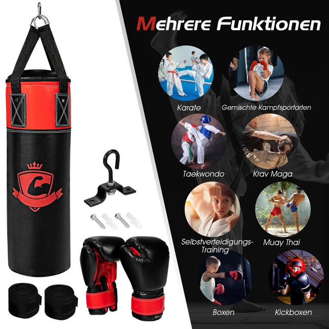 Boxsack-Set mit 8oz Boxhandschuhen Handschlaufen Tasche Punching Bag für Kinder und Erwachsene Schwarz + Rot