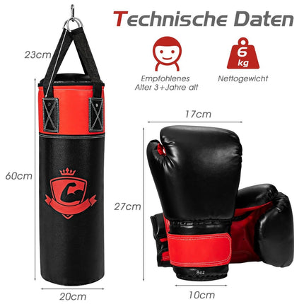 Boxsack-Set mit 8oz Boxhandschuhen Handschlaufen Tasche Punching Bag für Kinder und Erwachsene Schwarz + Rot