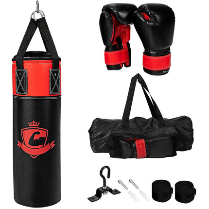 Boxsack-Set mit 8oz Boxhandschuhen Handschlaufen Tasche Punching Bag für Kinder und Erwachsene Schwarz + Rot