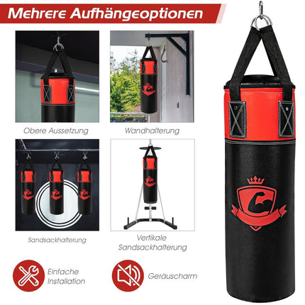 Boxsack-Set mit 8oz Boxhandschuhen Handschlaufen Tasche Punching Bag für Kinder und Erwachsene Schwarz + Rot
