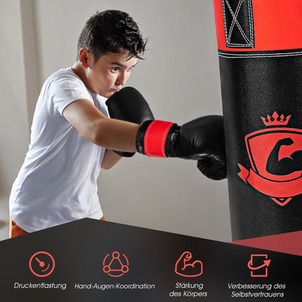 Boxsack-Set mit 8oz Boxhandschuhen Handschlaufen Tasche Punching Bag für Kinder und Erwachsene Schwarz + Rot