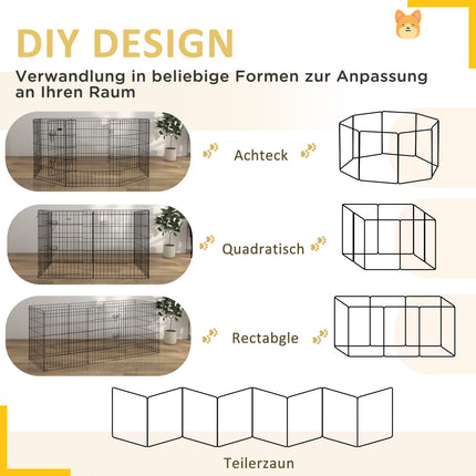 Puppyren 76 cm hoog, 8-delige puppyren met slot, doe-het-zelf buitenren hondenbox voor middelgrote honden, cavia's, konijnen, metaal, zwart