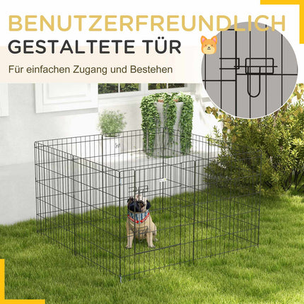 Puppyren 76 cm hoog, 8-delige puppyren met slot, doe-het-zelf buitenren hondenbox voor middelgrote honden, cavia's, konijnen, metaal, zwart