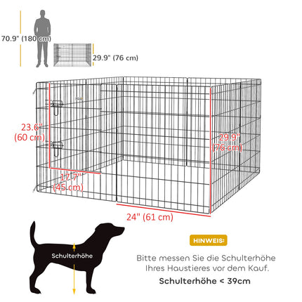 Puppyren 76 cm hoog, 8-delige puppyren met slot, doe-het-zelf buitenren hondenbox voor middelgrote honden, cavia's, konijnen, metaal, zwart