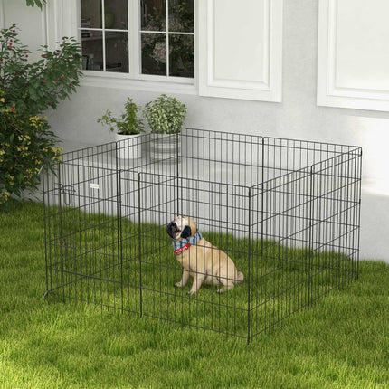Puppyren 76 cm hoog, 8-delige puppyren met slot, doe-het-zelf buitenren hondenbox voor middelgrote honden, cavia's, konijnen, metaal, zwart