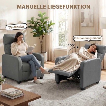 Push-Back Recliner Chair with Footrest and 155° Recline, Grey, PU Leather