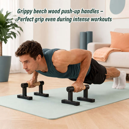 Push-Up Bars with Beech Wood Grips and Steel Frame, Set of 2, 120 kg Load