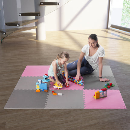 Puzzle-Schutzmatte, 60x60x1cm, 9-teiliges Set, Grau/Rosa