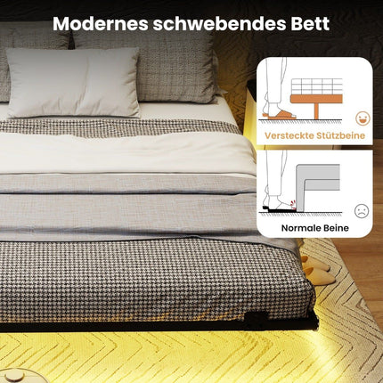 Queen Size Floating Bed Frame with LED Lights, Metal, 160x200 cm