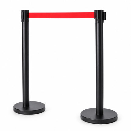 Queue Barrier Posts Set of 2 with 3 m Retractable Belt, Black, Red